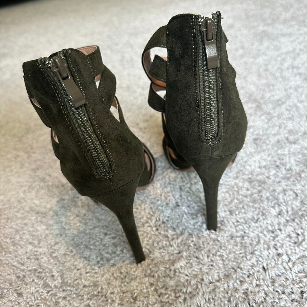 Olive Suede Strappy Stiletto Heels - Picture 4 of 4